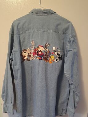 Warner Brothers Studio Looney Tunes Denim Button Down with Cartoon Embroidery